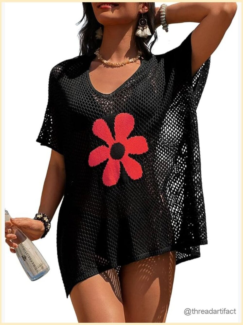 Crochet Mesh Swimsuit Cover Up V Neck Beach Dress Bathing Suit Coverups for